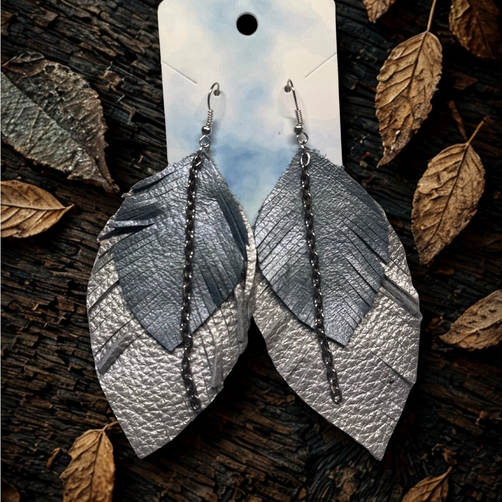 Leather Feather Silver and Chrome blue earrings